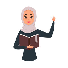 Vector portrait of cute brunette arab woman reading book.Student learning illustration. Arab girl with her hand up as asign of attention