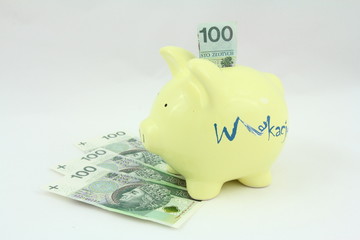 Oszczędności - banknoty odkładane do skarbonki © Cezzar