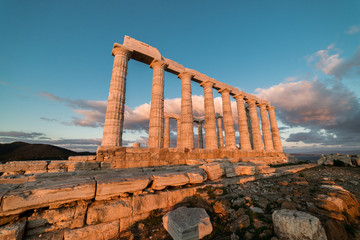 Sounion, Temple of Poseidon in Greece, Sunset Golden Hour