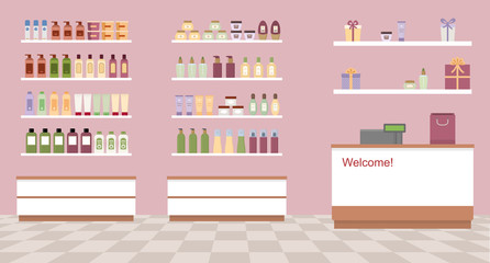 Health and beauty store  with colorful cosmetic products in plastic bottles in shelves. Flat style vector illustration. - obrazy, fototapety, plakaty