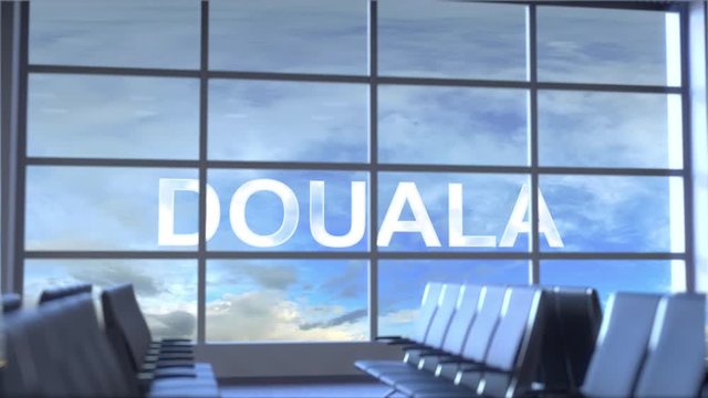 Commercial airplane landing at Douala international airport. Travelling to Cameroon conceptual intro animation