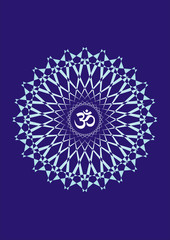 Mandala with the symbol aum on a blue background. Artistic background. Object of rotation. Vector graphics 