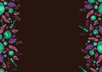 Painted watercolor composition with flowers and leaves. Frame of roses. Floral border. Can be used as invitation card for wedding, birthday, other holiday, summer background, poster, banner.