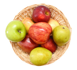 Apples and pears in a  basket isolated on white background