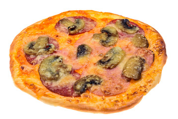 pizza with sausage and cheese isolated on white background