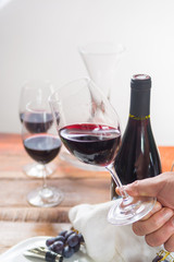 Professional red wine tasting event with high quality wine glasses and wine accessories