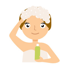 Pretty woman soaping her head on white background.