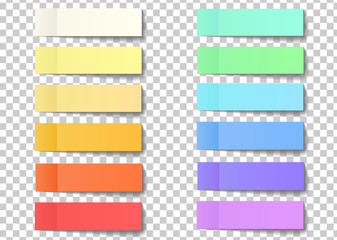 Post note sticky stickers with peel off corner isolated on a transparent background. Paper adhesive tape with shadow. Vector office color post stickers for your design