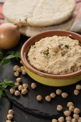 Hummus, everyday meals in Israel made from chickpeas and ingredients that, following Jewish dietary laws Kashrut, can be combined with meat and dairy meals