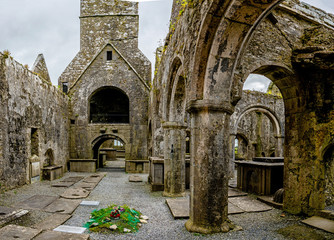 Landscapes of Ireland. Ruins of Cloister Ross Errilly Friary Convent in Galway County. National Monument and best preserved monastery.