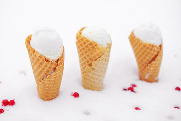 ice cream in waffle cone with red berries of currant in snow