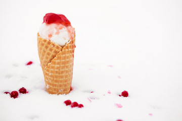 ice cream in waffle cone with red berries of currant in snow