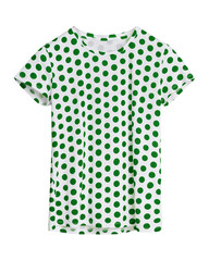 White t-shirt in dark green polka dots isolated on white background
