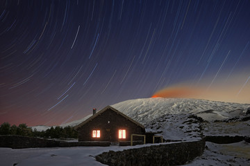 Star Trails On Galvarina Refuge Under Snowy Etna Volcano, Sicily