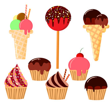 Set of sweet food. Ice-cream, cakes, sweets on a transparent background.