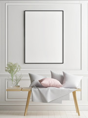 Mock up poster in Scandinavian interior concept design, your art work here, 3d render, 3d illustration