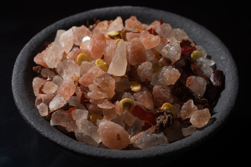 Macro collection, pink himalayan rock salt  mixed with spices and red chili pepper