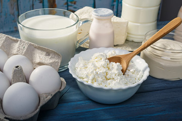 Dairy products on a blue table