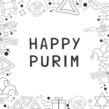 Frame with purim holiday flat design black thin line icons with text in english
