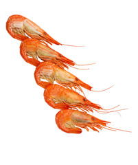 Shrimps boiled frozen on a white. Seafood. Cooked shrimp.  Prawns.