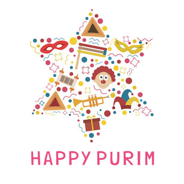 Purim holiday flat design icons set in star of david shape with text in english