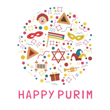 Purim holiday flat design icons set in round shape with text in english