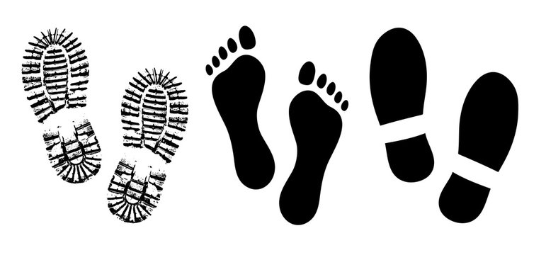 Shoe sole, footprints human shoes silhouette vector, foot barefoot feet