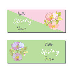 Spring sale banners poster tag design. Design with Colorful Flowers in Background for Seasonal Promotion. Voucher template. Hand typography art. Vector illustration.