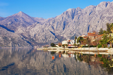 Beautiful Mediterranean landscape on a sunny winter day. Montenegro, Bay of Kotor ( Adriatic Sea ) and Dobrota town