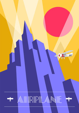 Skyscraper and airplane poster in art deco style. Vintage travel illustration.