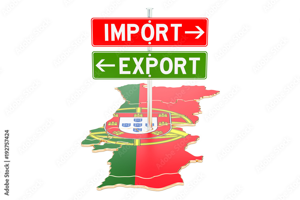 Poster import and export in portugal concept, 3d rendering