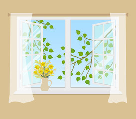 Open window with curtains on a beige background. Outside the window there are tree branches with green leaves. There is a bouquet of mimosa and daffodils on the windowsill. Vector illustration