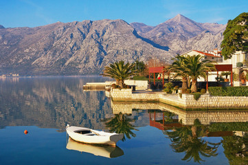 Naklejka premium Winter Mediterranean landscape. Montenegro, view of Bay of Kotor and Dobrota town