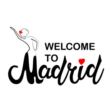 Beautiful hand written text typography design of europe european city madrid name logo with silhouette of a dancing flamenco dancer suitable for tourism or visit promotion