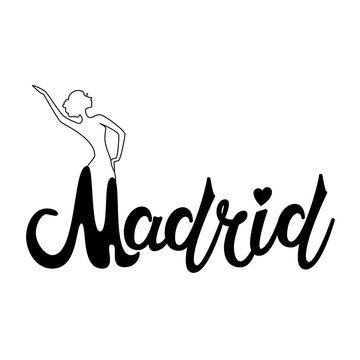 Beautiful hand written text typography design of europe european city madrid name logo with silhouette of a dancing flamenco dancer suitable for tourism or visit promotion