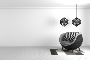 Empty concept - Modern black and white composition with art lamp and modern sofa and carpet texture art. 3D rendering