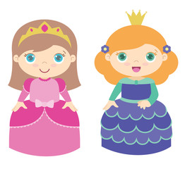 Two Cute Little Princesses Standing Flat Vector Illustration Isolated on White