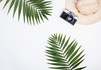 Flat lay traveler accessories on white background