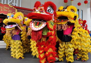 Chinese lion mask or lion head used to performed lion dance during Chinese New Year Festival at...