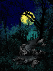 scary night forest with moon