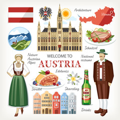 Austria symbols collection cathedral vienna national costume alps state symbols food map beer people architecture - obrazy, fototapety, plakaty