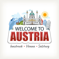 Austria sticker header lettering welcome with cathedral nature mountains