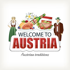 Austria sticker header lettering welcome with food people in national costumes