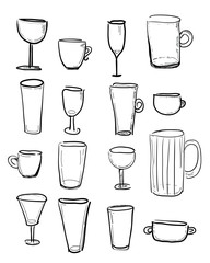 Set of sketched cups and glasses - hand draw, vector