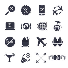 Airport and Airplane Elements icons set. Delivery icons universal set for web and mobile. Plane, search, seat bels, airway and other. EPS 10. Editable Stroke.