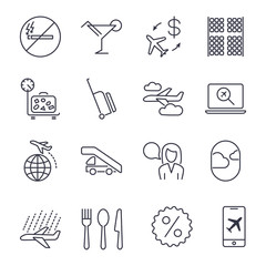 Plane icons set. set of 16 plane outline icons such as luggage, weight, airport. Icon set with editable stroke