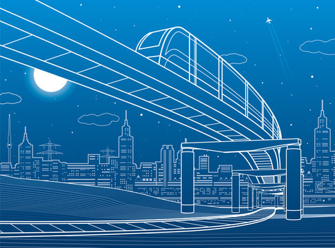 Monorail railway. Transportation illustration. Skyline, modern city, business buildings at background. Night scene. White lines on blue background . Vector design art
