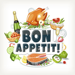 bon appetit label header lettering food cooked dishes festive holiday celebration