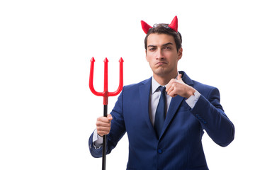 Evil devil businessman with pitchfork isolated on white backgrou