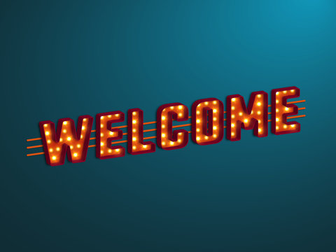 3d retro welcome sign with electric bulb. Vector illustration.